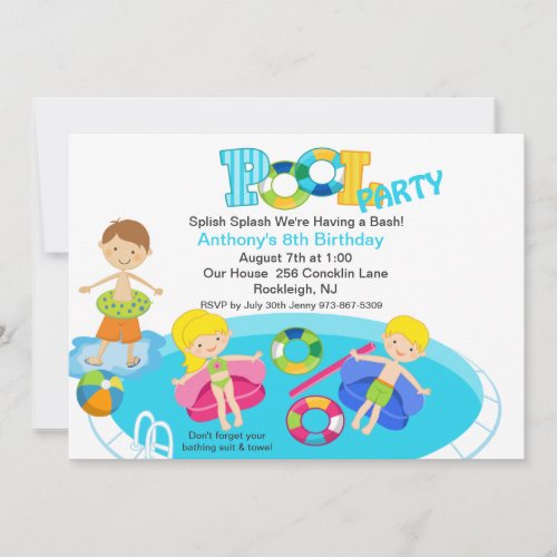 All Kids Blue Pool Party Birthday Invitation