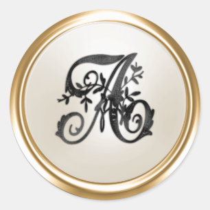 All Letter Black Ivory Ornate Initial Monogram Classic Round Sticker
