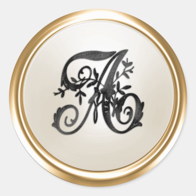 All Letter Black Ivory Ornate Initial Monogram  Classic Round Sticker (Front)
