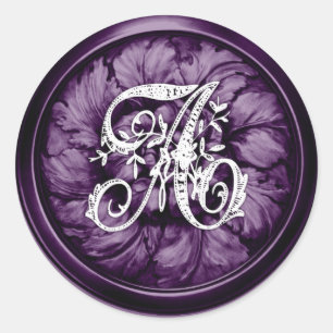 All Letter White and Plum Ornate Monogram  Classic Round Sticker