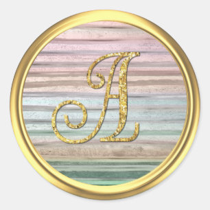All Letters Pastel Stripe Gold Glitter Monogram Classic Round Sticker