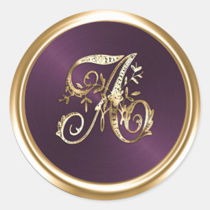 All Letters Plum Gold Ornate Monogram Classic Round Sticker