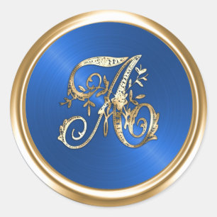 All Letters Royal Blue Gold Ornate Monogram Classic Round Sticker