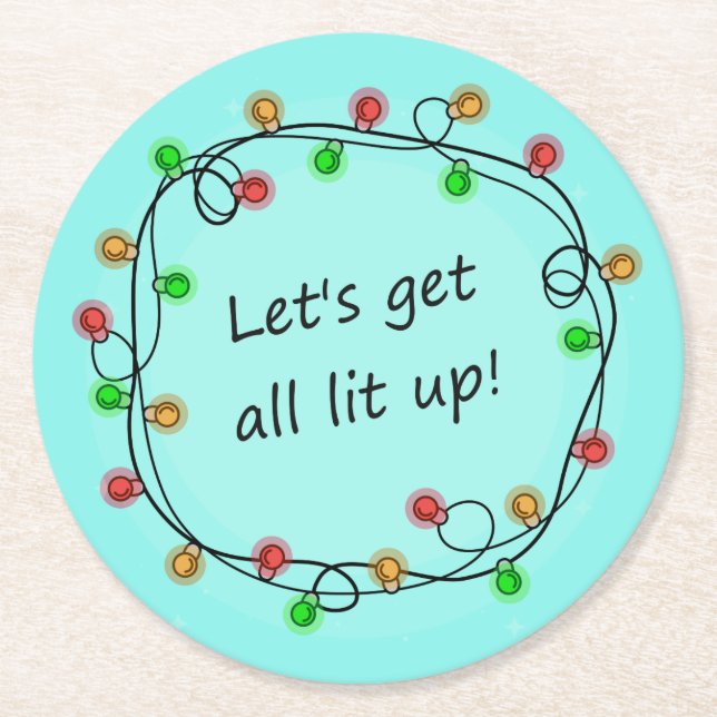 "All Lit Up" funny Christmas party coasters (Front)