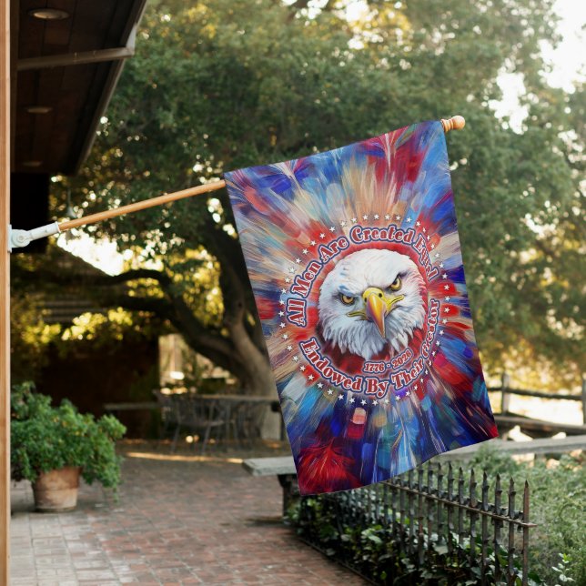 All Men Are Created Equal Red Eagle and Fireworks House Flag (In SItu)