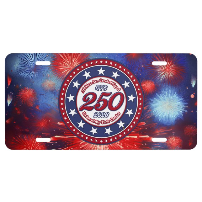  All Men Are Created Graphic Fireworks Burst RWB License Plate (Front)