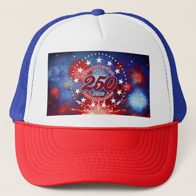  All Men Are Created Graphic Fireworks Burst Trucker Hat (Front)
