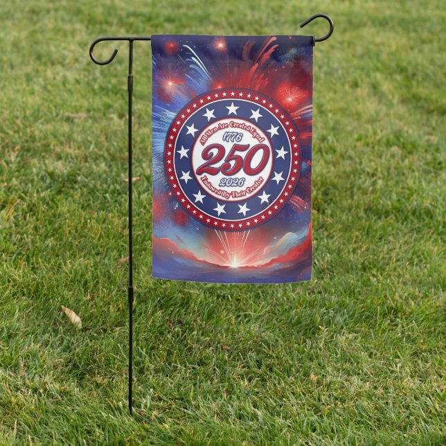 All Men Are Created Graphics Fireworks Clouds RWB Garden Flag (In SItu)