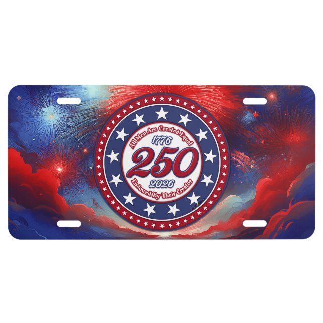 All Men Are Created Graphics Fireworks Clouds RWB License Plate (Front)