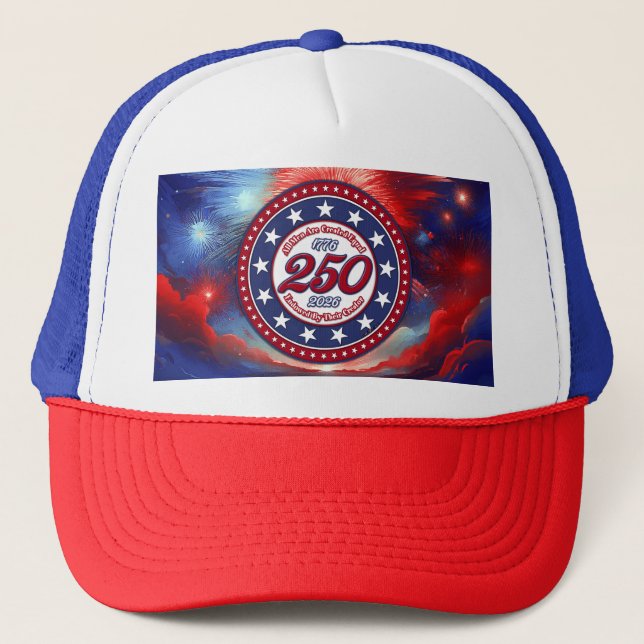 All Men Are Created Graphics Fireworks Clouds RWB Trucker Hat (Front)