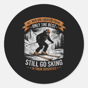 All men created equal go skiing in their seventies classic round sticker