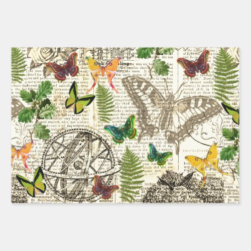 All Occasion Antique Look  Butterflies and Ferns Wrapping Paper Sheets