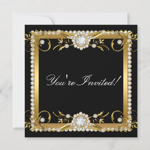 All Occasion Diamond Gold Black White Floral Party Invitation