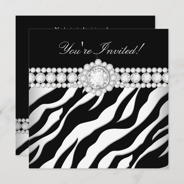 All Occasion Diamond Trim Black White Zebra Party Invitation (Front/Back)