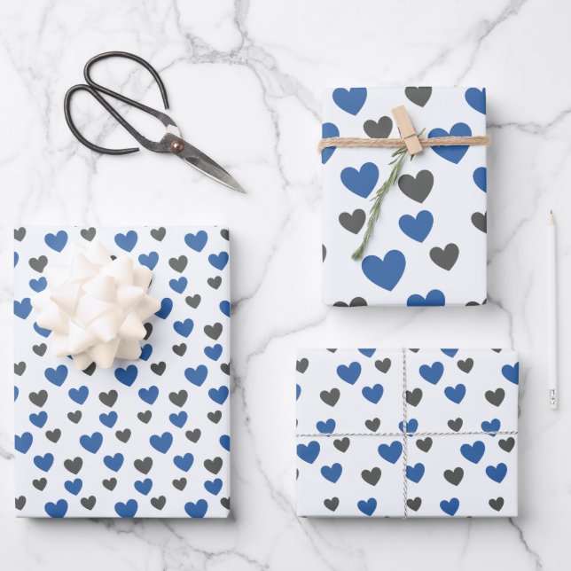 All-Occasion Elegant Blue and Grey Gliding Hearts Wrapping Paper Sheets (Front)