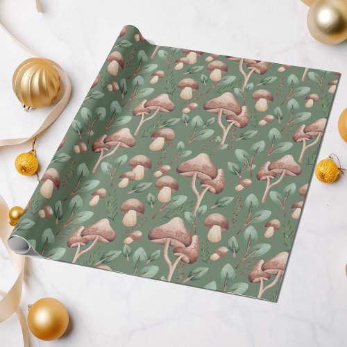 All Occasion Eucalyptus Forest Mushrooms on Green Wrapping Paper