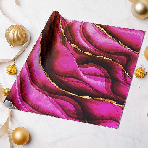 All Occasion Hot Pink Marble Gold Glitter Gift Wrapping Paper