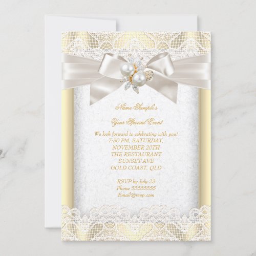 All Occasion Party Elegant Pearl Jewel Cream Lace Invitation