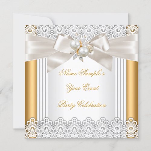 All Occasion Party Gold Pearl Jewel Cream Lace Invitation