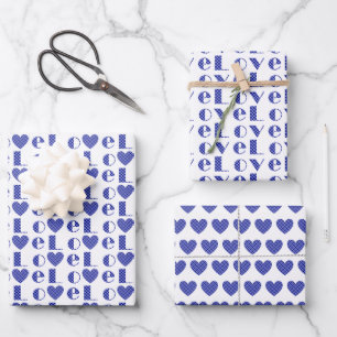 All-Occasion Royal Blue "LOVE" with Heart Pattern Wrapping Paper Sheets