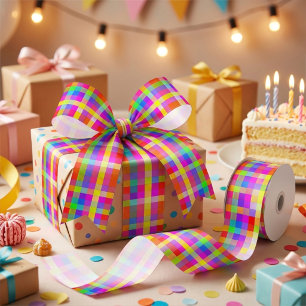All Occasion Vivid Colorful Checkered Pattern Satin Ribbon