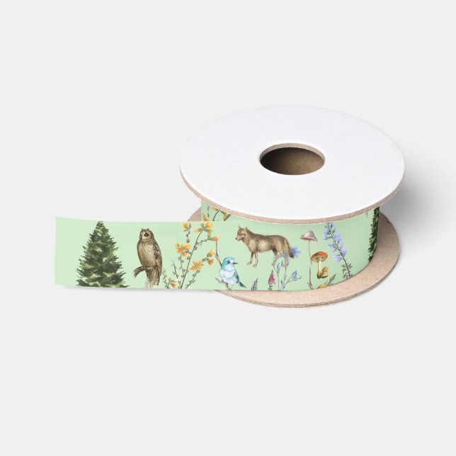 All Occasion Woodland Animals Plants Sage Green Satin Ribbon (Spool)