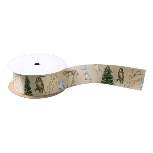 All Occasion Woodland Animals Plants Tan Satin Ribbon