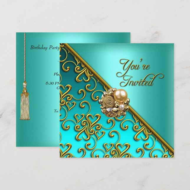 All Occasions Party Elegant Aqua Teal Blue Gold Invitation (Front/Back)