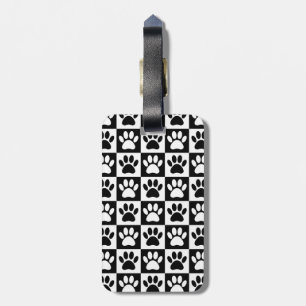 All Over Black and White Checkerboard Dog Paws Luggage Tag