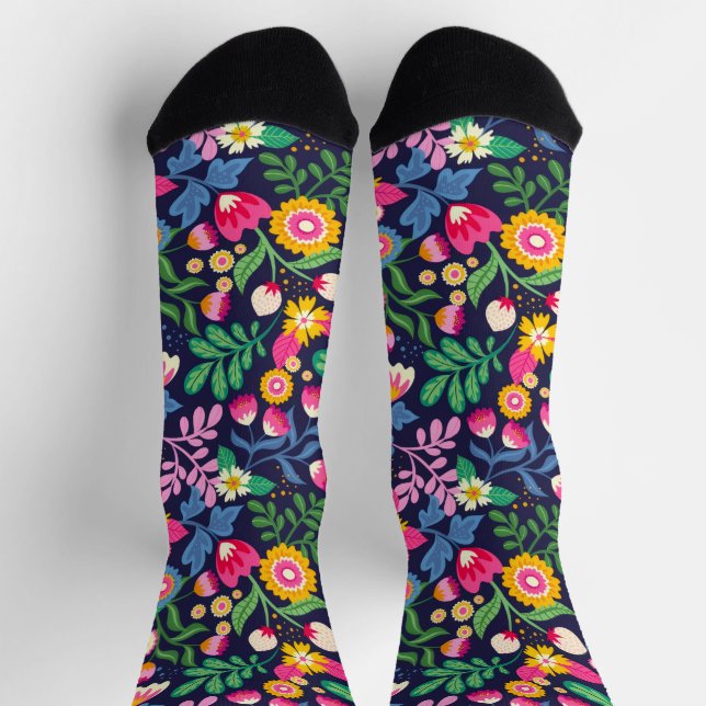 All Over Black Background With Flowers Socks (Top)