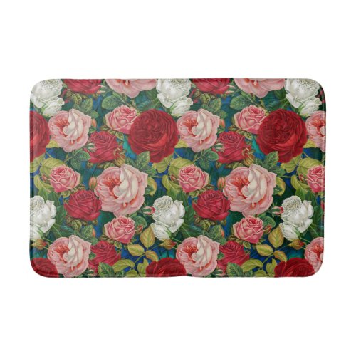 All Over Cabbage Roses on Blue Kitchen Bath Rug