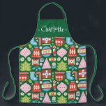 All-Over Print Apron<br><div class="desc">A stylish and modern Christmas apron pattern with retro-inspired geometric illustrations of ornaments,  stockings,  candy canes,  gifts,  Christmas trees,  snowflakes,  bells and more. This can be personalized with a name,  monogram or your own message. A fun & unique Christmas gift. Colors include; green,  red,  white,  blue and pink.</div>