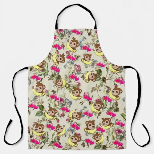 All Over Print Apron Bananas Monkey Pink Hearts