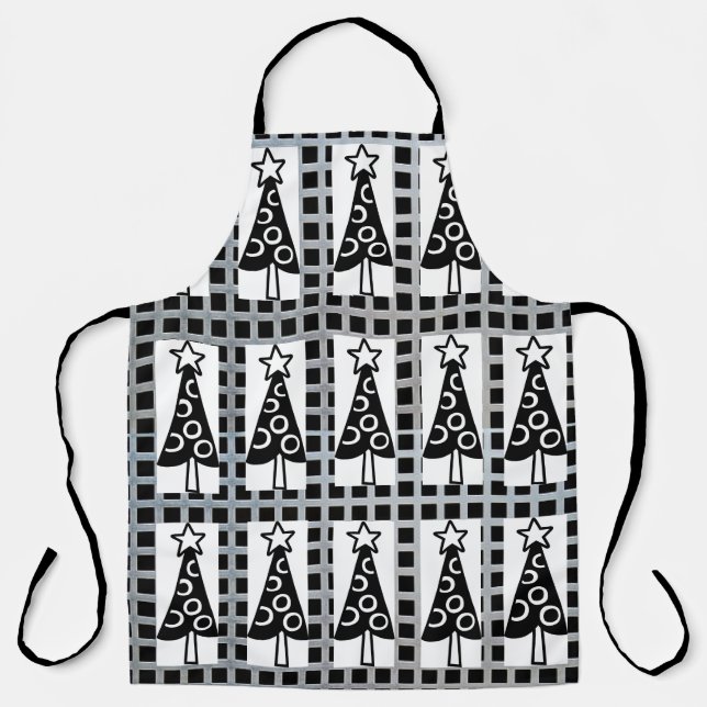All-Over Print Apron Christmas Trees Black & White (Front)