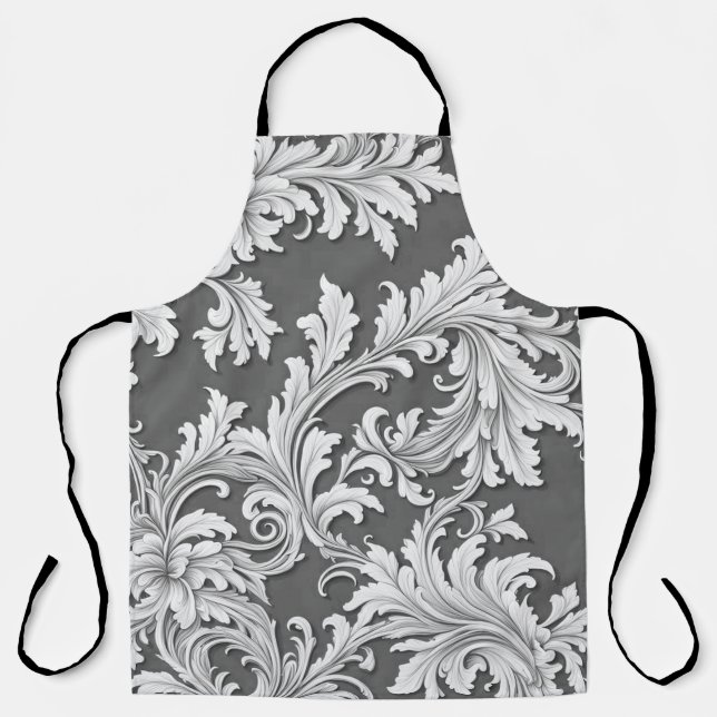 All-Over Print Apron Damask Black White Gray (Front)