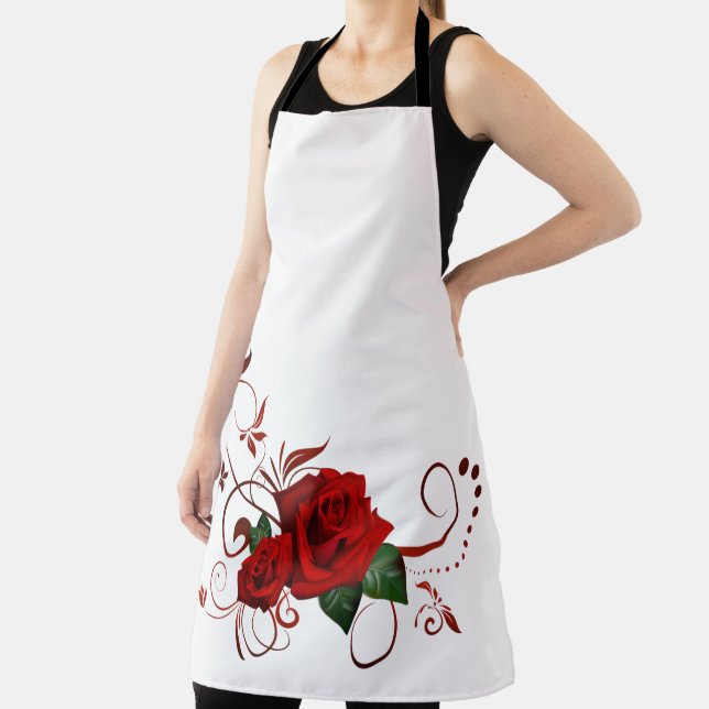 All Over Print Apron Red Rose Floral (Insitu)