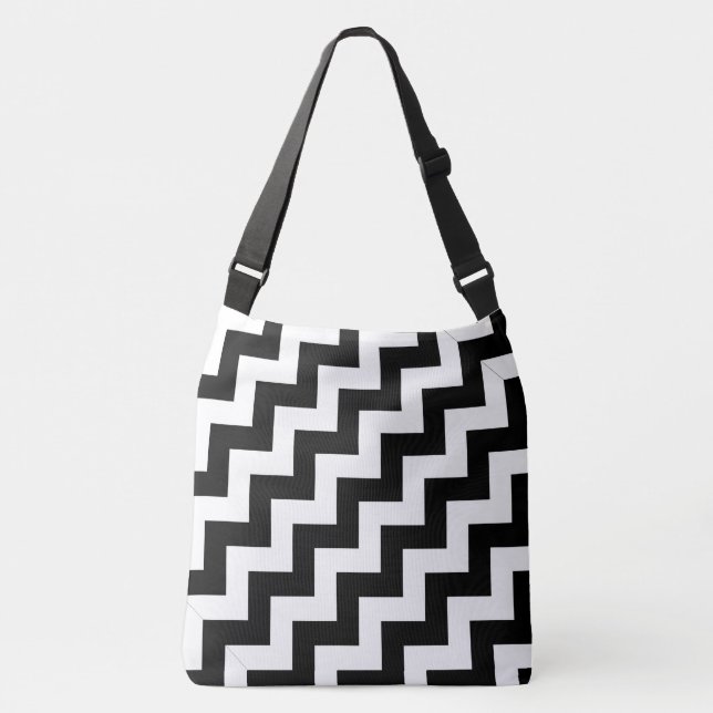 All-Over-Print Black and White Diagonal Zigzags Crossbody Bag (Front)