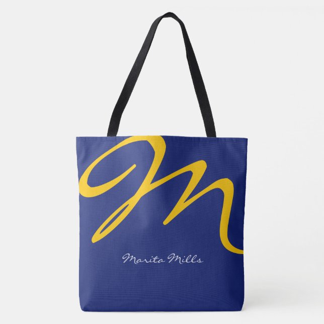 all-over-print blue tote bag with yellow initial (Front)