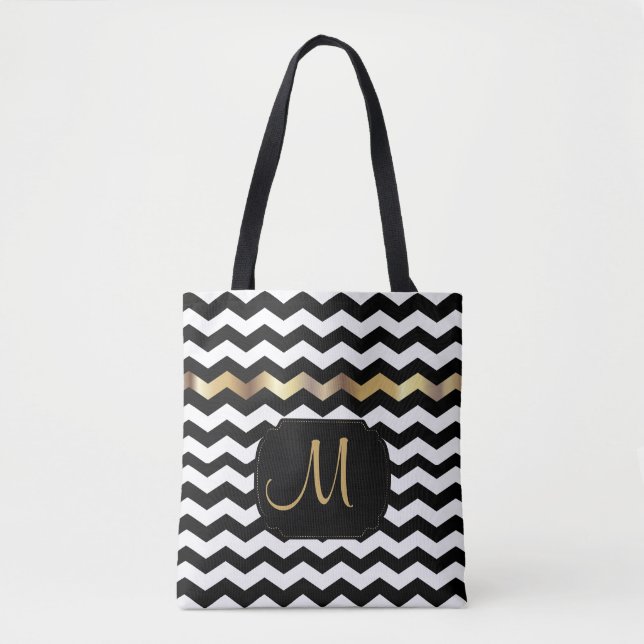 All Over Print Gold, White & Black Chevron Design Tote Bag (Front)