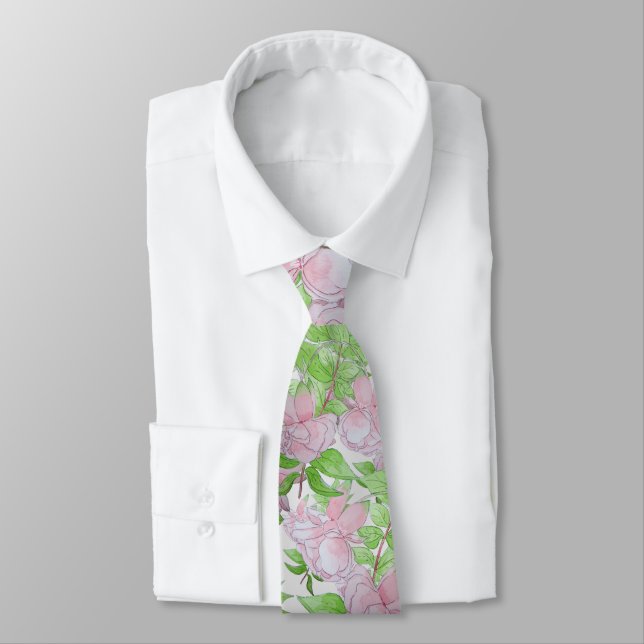 all over print of big soft pink flowers neck tie (Tied)