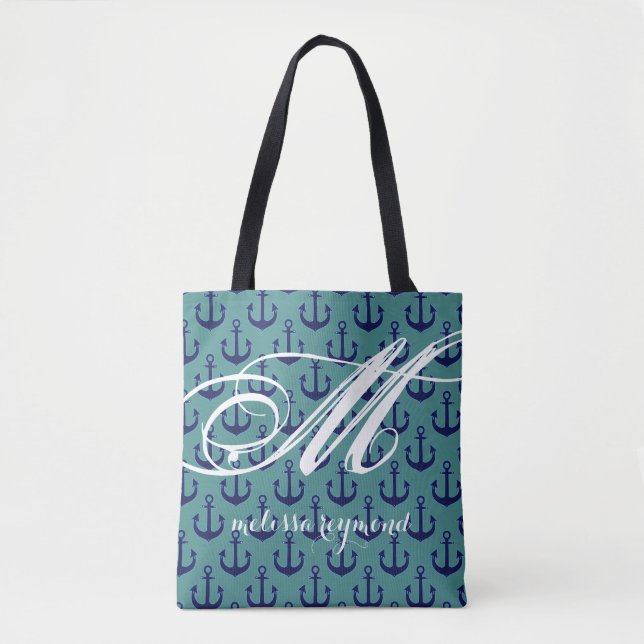 All-over-print Teal Tote Bag with blue anchors (Front)