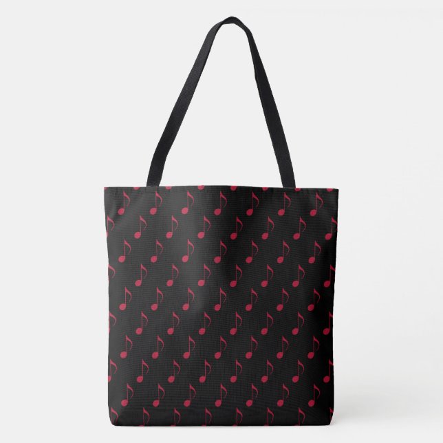 all_over_printed red musical notes on black tote bag (Front)