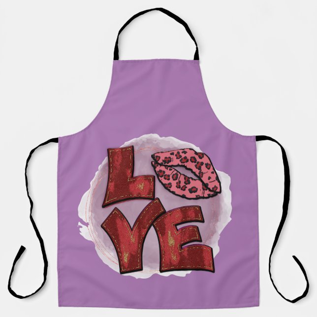 All-Over Purple Love Leppard Lips Kitchen Apron (Front)
