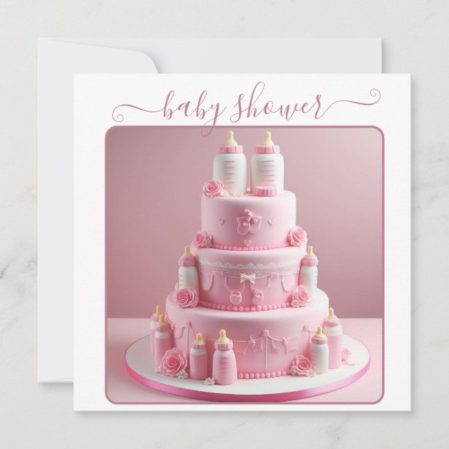 ALL PINK BABY SHOWER CAKE WITH BABY BOTTLES INVITATION (Front)