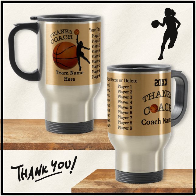 All Player's NAMES Gifts for Basketball Coach Travel Mug (Basketball coach thank you gifts, for girls coach. Basketball coach appreciation gifts. Black Gold.)