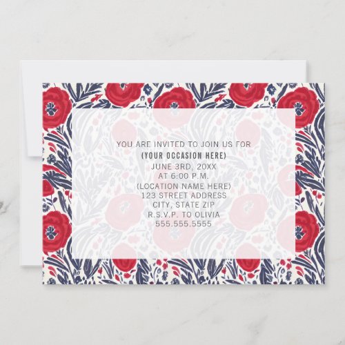 All Purpose Generic Red White Blue Floral Party Invitation