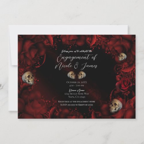 All Red Roses  Skulls Dark Floral Engagement  Invitation