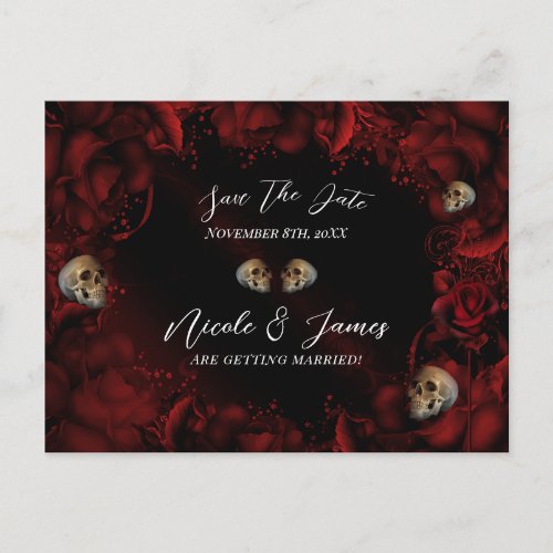 All Red Roses  Skulls Dark Floral Save the Date   Announcement Postcard