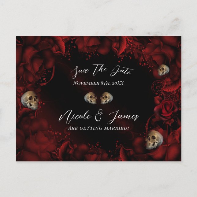 All Red Roses & Skulls Dark Floral Save the Date   Announcement Postcard (Front)