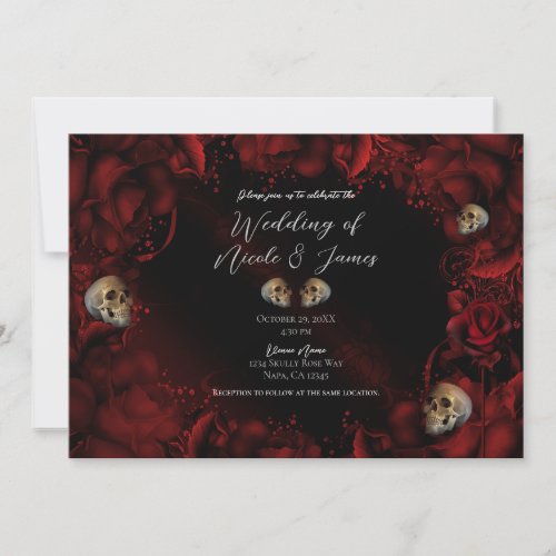 All Red Roses  Skulls Dark Floral Wedding    Invitation